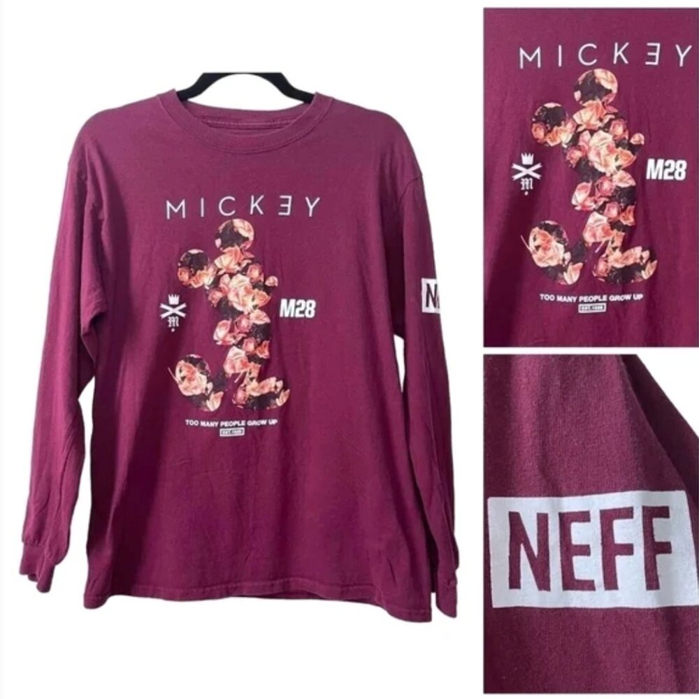Neff X DISNEY Burgundy Floral Mickey Mouse Graphic Longsleeve M